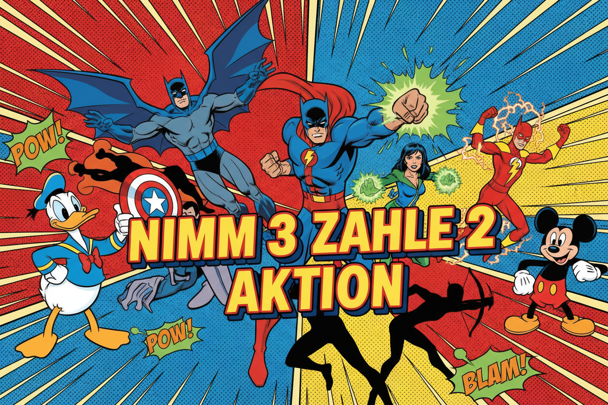 Comic-Helden Banner mit Superhelden, Donald Duck und Mickey Mouse - Nimm 3 zahle 2 Aktion